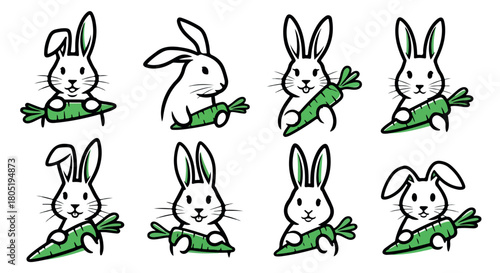 Rabbit characters with carrots, various poses