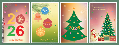 Christmas and New Year 2026 holiday card collection. Vector illustration templates for holiday greeting card, background, cover, website and social media banner, marketing material.