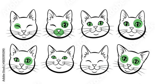 Cat faces with different expressions with transparent background