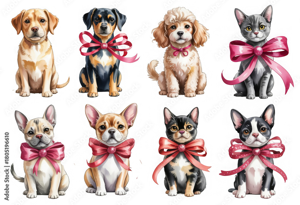 Fototapeta premium PNG Adorable puppies kittens with bows, element set on transparent background 