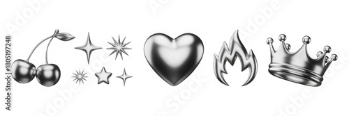 3d set of liquid chrome y2k shape render icon. Silver metal crown, cherry, heart, flame and stars in retro futuristic aesthetic style. Abstract design elements of aluminum or platinum
