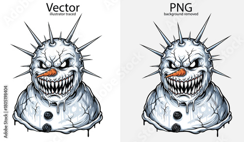 Spiky evil snowman head with sharp teeth and carrot nose scary monster