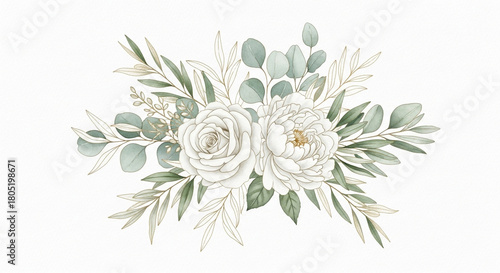 Watercolor illustration of a floral arrangement featuring white roses and green foliage, perfect for design.