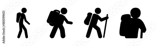 Minimalist hiking figures with backpacks and walking poles