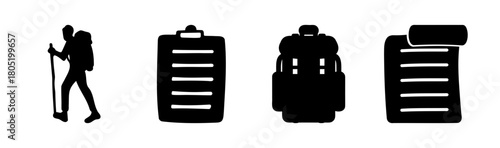 Hiking adventure planning and camping gear essential icons