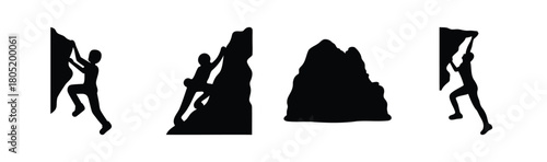Rock climbing and mountaineering silhouettes set on white