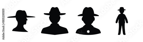 Silhouettes of men wearing hats, including a sheriff with a badge