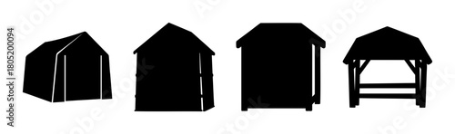 Diverse black silhouettes of sheds, shelters, and outdoor structures