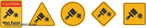 Set of wet paint warning signs vector illustration of caution symbols in various shapes isolated on white background