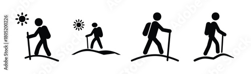 Hiking and trekking person icons with backpack and stick