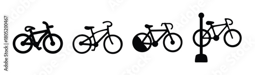 Cycling icons set with different bicycles and a bike rack