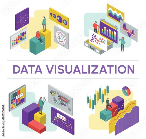 Data visualization set of isometric illustrations. Data tools finance diagram, bar chart and area graphic. 3D statistical and marketing vector elements for web site, presentation, apps, infographics