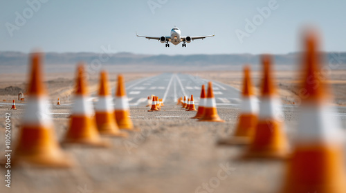 Fototapeta Naklejka Na Ścianę i Meble -  Blurred safety cones and runway elements in front, sharp airplane landing behind, Saudi desert horizon, with copy space