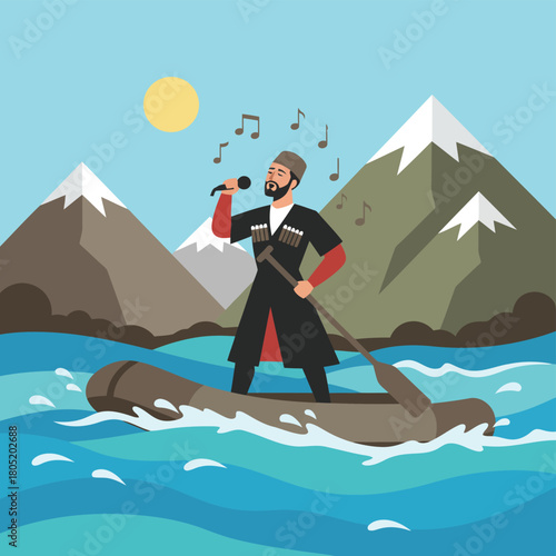 Man in traditional clothing singing on a boat in mountains