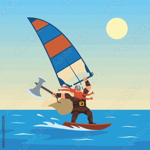 Viking windsurfing with axe and sail on the sea