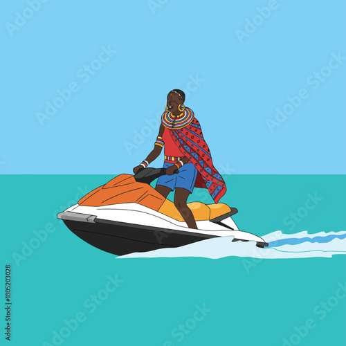 Woman in traditional attire riding a jet ski on the ocean