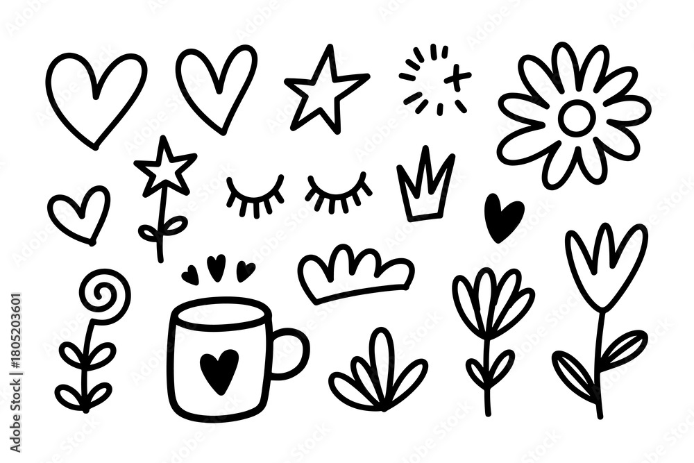 Obraz premium cute hand-drawn doodle set with hearts, stars, flowers, eyelashes, sparkles, crown shapes, leafy stems and coffee mug in simple minimal black outline style