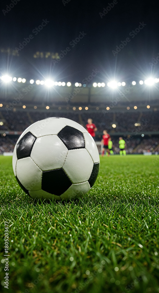 Fototapeta premium Classic football on grass at stadium, vibrant match-day scene