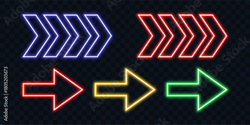 Collection of vibrant neon arrow signs pointing right on a dark transparent background