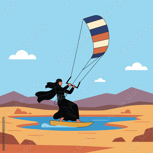 Woman kitesurfing in traditional clothing in desert oasis