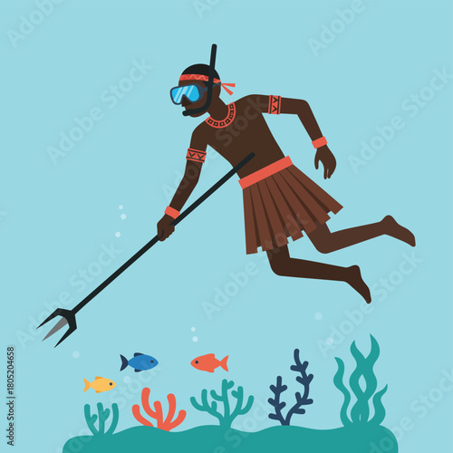 Man spearfishing underwater with fish and coral