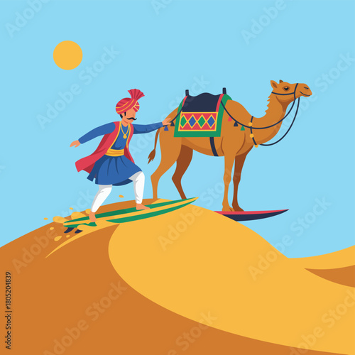 Man surfing on sand dune with camel in desert