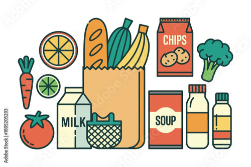 A collection of assorted groceries and food items is depicted in an illustration.