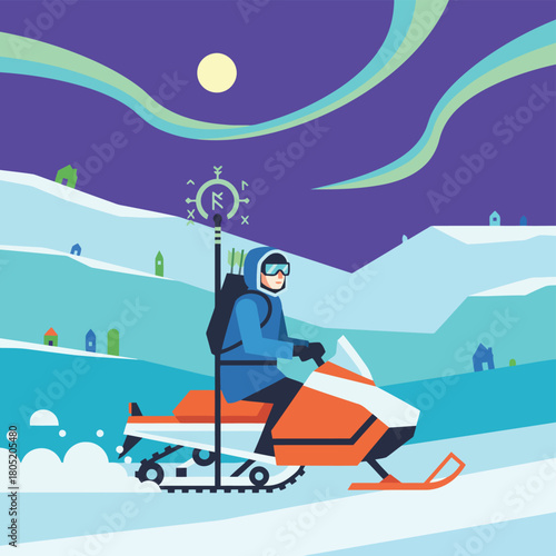 Person riding snowmobile under aurora borealis