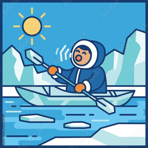 Person in kayak paddles through icy water under the sun