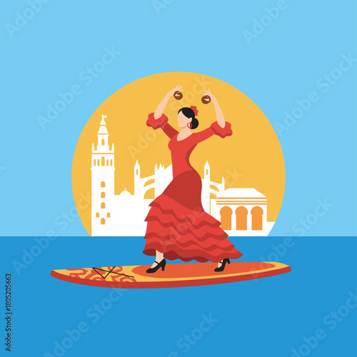 Flamenco dancer performs on a surfboard with spanish architecture