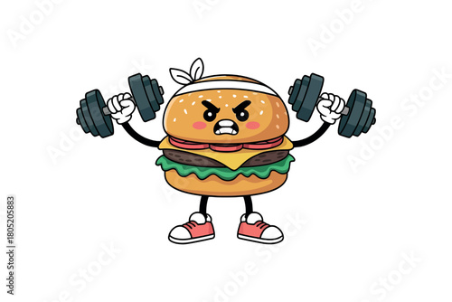 A cartoon hamburger character lifts weights with a determined expression.