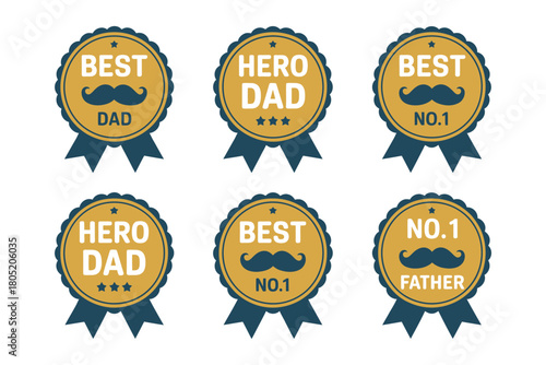 Set of six blue and gold badges celebrating fathers and dads