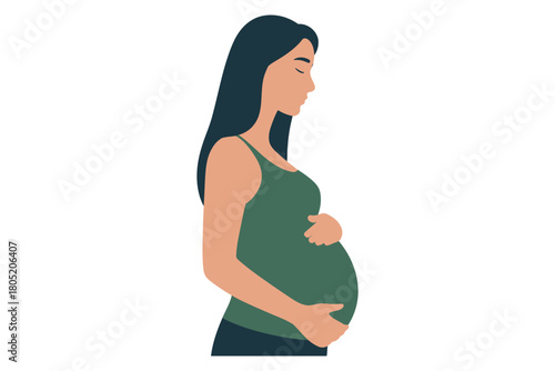 A pregnant woman holds her belly with her hands, showing her expectant state.