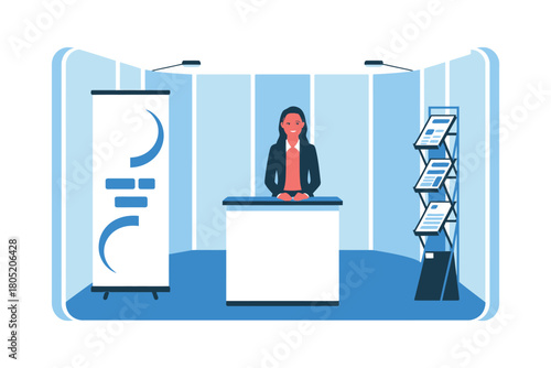 A woman stands at a trade show booth, ready to greet visitors and distribute information.