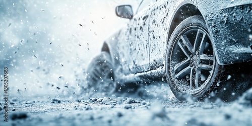 Closeup view of a frozen car on the winter road in snowfall. Beautiful panoramic background.