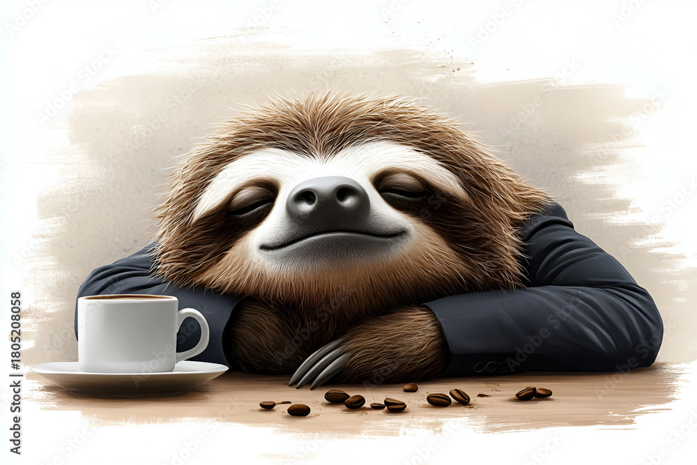 Obraz premium Relaxed sloth in a suit enjoying coffee with beans on a wooden table