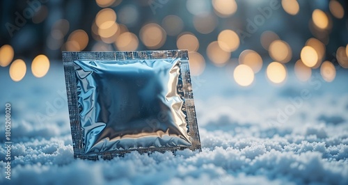 Foil condom packaging on a clean white snowy surface, soft winter light, subtle bokeh New Year's lights in background, minimalist mockup style with wide negative space.