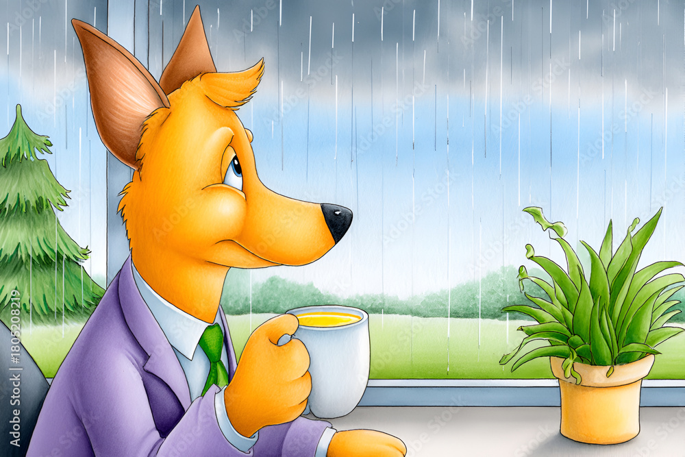 Fototapeta premium Reflective fox enjoying a rainy day indoors with a warm drink