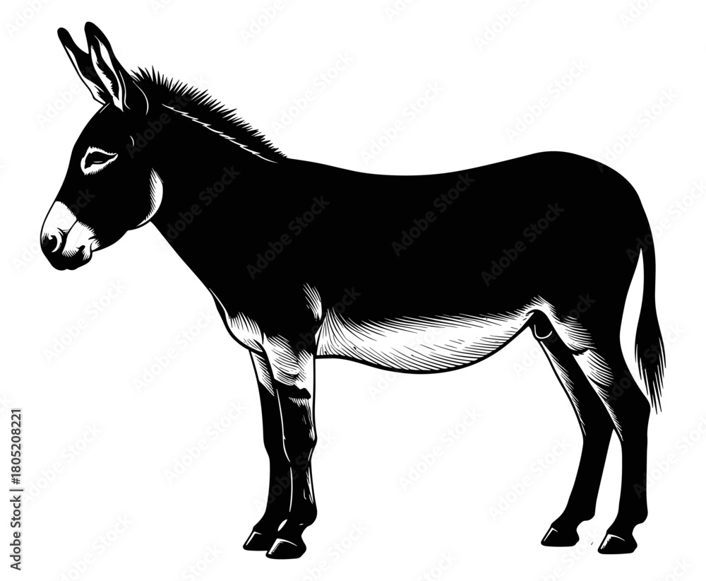 Fototapeta premium Donkey silhouette illustration, black and white engraving style, detailed animal profile, rustic farm art, educational livestock drawing, nature sketch