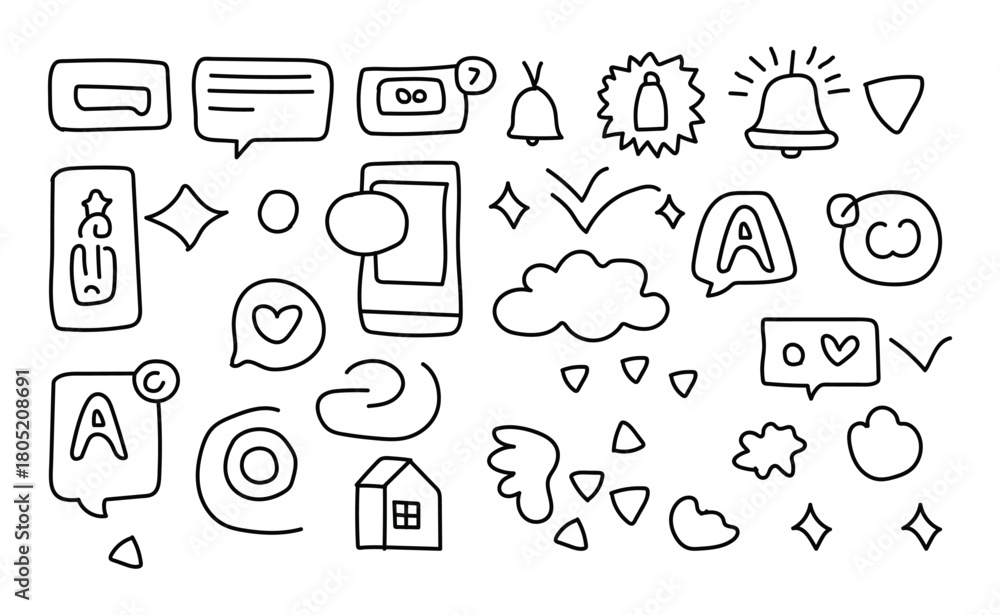 Fototapeta premium Hand drawn notification and chat doodle icons for communication and alerts