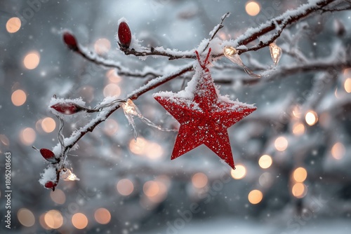 Festive Red Star Decoration Hangs From a Snowy Tree Branch During Winter Cele...