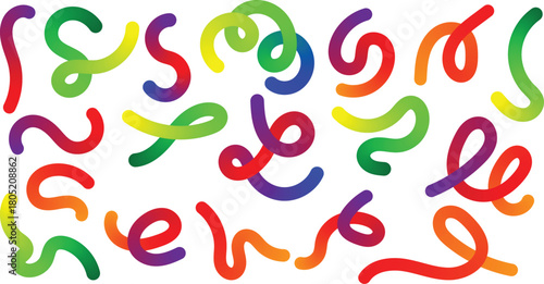 A collection of colorful  gradient curved lines  scattered on a transparent background creating an abstract art,rainbow ribbons