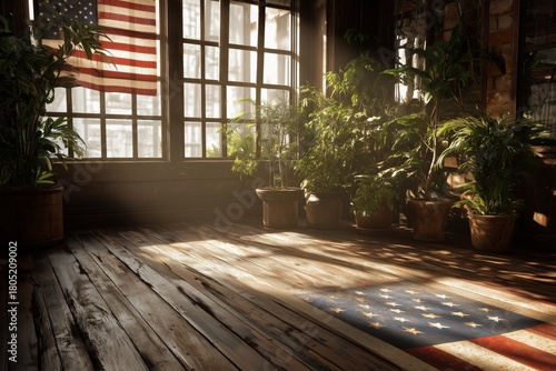 Sunlight Filters Through Windows Onto a Rustic Room With a Wooden Floor and A...