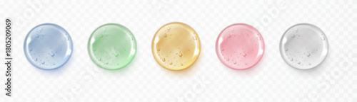 Realistic glycerin gel drops set with bubbles isolated on transparent background. Serum liquid droplet texture for skincare cosmetic design.