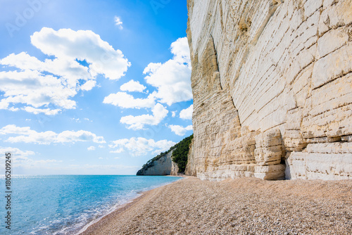 Fototapeta Naklejka Na Ścianę i Meble -  Majestic white limestone cliffs towering over a quiet pebble Vignanotica beach on the Gargano coast, Apulia, Italy
