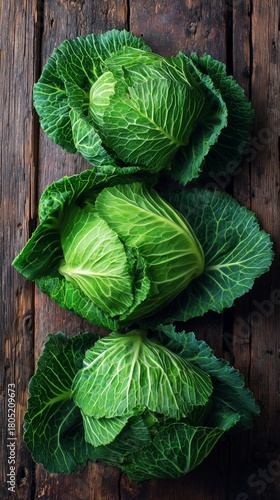 Fresh Green Cabbage Arranged on a Wooden Table for a Healthy Meal Preparation