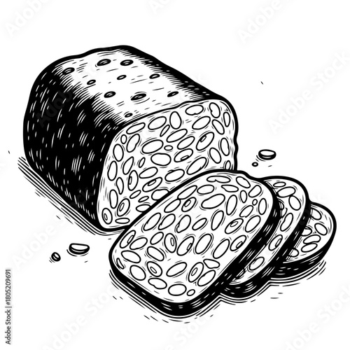 A black and white illustration of a sliced block of tempeh, showcasing the whole soybeans in a classic woodcut style.