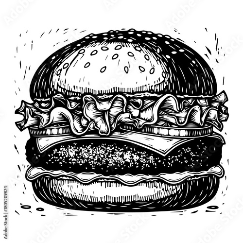 A detailed black and white hand-drawn illustration of a classic hamburger in a vintage woodcut style.