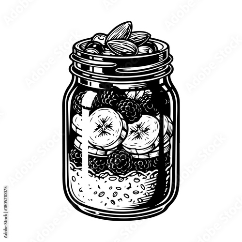 A vintage black and white illustration of a healthy breakfast parfait in a mason jar with fruit and nuts.