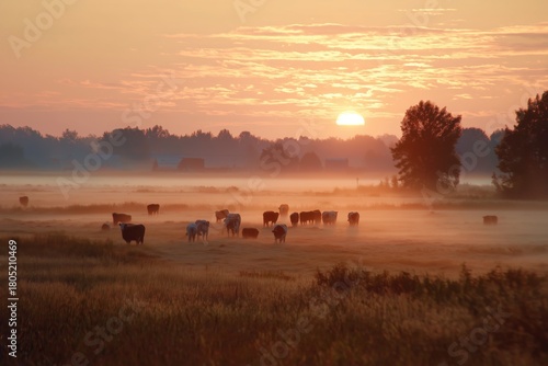 Cows Walking Through Fog at Sunrise in a Tranquil Countryside Landscape